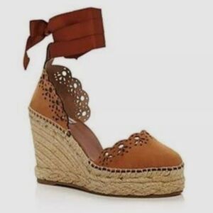 NIB Tabitha Simmons Ravi Kidsuede Ribbon-tie Wedge Espadrilles - Sz- 38.5